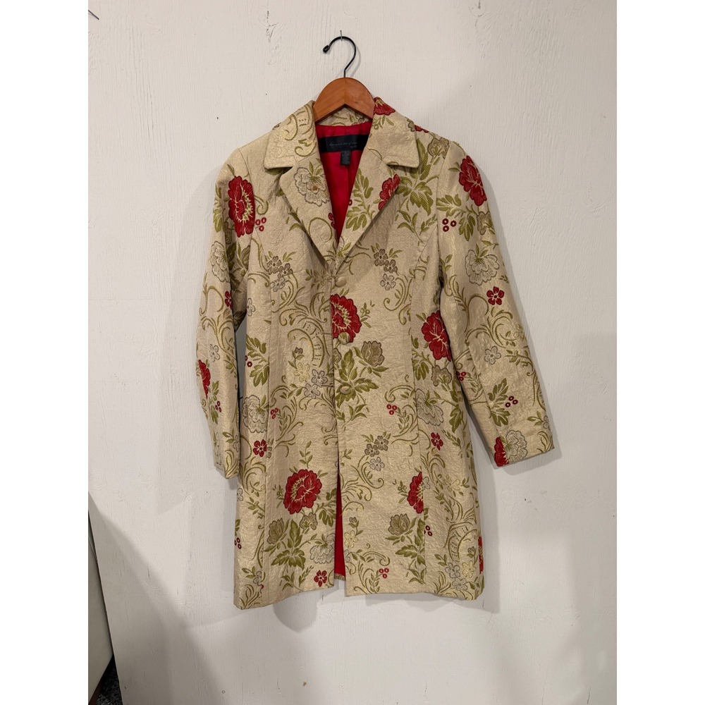 Apostrophe Floral Tapestry Coat Womens 2 Beige Red Jacquard Mid Length Jacket
